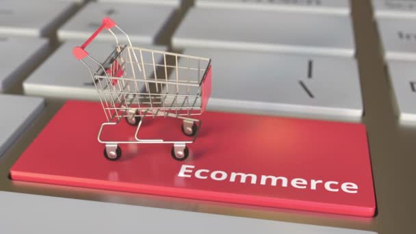 Ecommerce text on computer keyboard and cartons with FULFILLMENT words in small shopping cart. Electronic business conceptual 3d animation — Stock Video