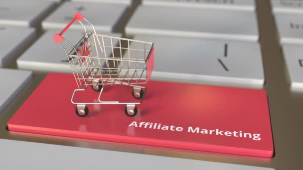 Affiliate Marketing text on computer keyboard and boxes in small shopping cart. Electronic business conceptual 3d animation — Stock Video