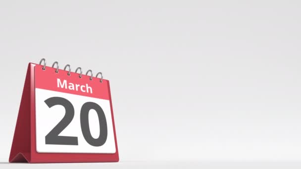 Datum 21. března na stránce kalendáře flip desk, prázdné místo pro uživatelský text, 3D animace — Stock video