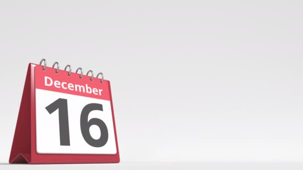 17 dicembre data sulla pagina del calendario flip desk, spazio vuoto per il testo utente, animazione 3d — Video Stock