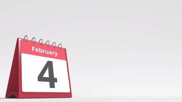 5 лютого дата на сторінці календаря фліп-столу, порожній простір для тексту користувача, 3d анімація — стокове відео