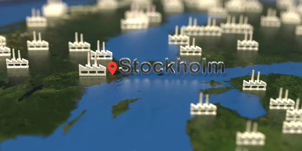 地図上のストックホルム市の近くの工場アイコン、工業生産関連の3Dレンダリング — ストック写真