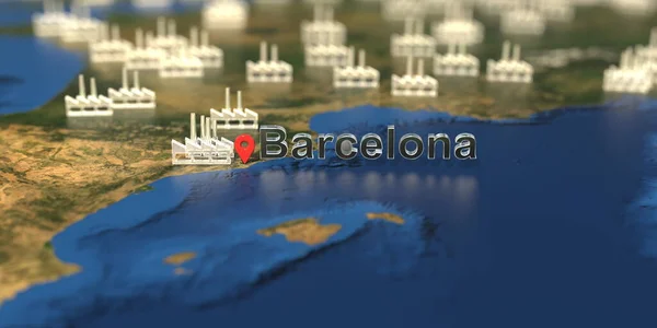 Ícones de fábrica perto da cidade de Barcelona no mapa, produção industrial relacionada 3D renderização — Fotografia de Stock