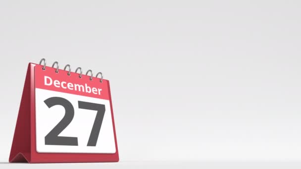 Dezembro 28 data na página de calendário flip desk, espaço em branco para o texto do usuário, animação 3d — Vídeo de Stock