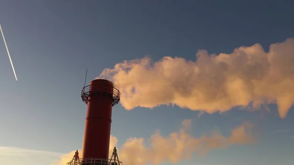 Воздушный кадр воздуха, загрязняющего промышленную пачку красного дыма и летающий самолет — стоковое фото