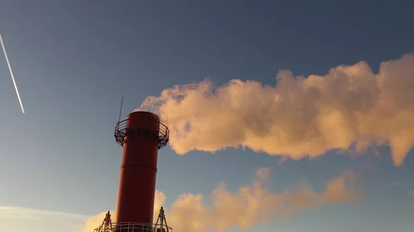 Vue aérienne d'une cheminée de fumée rouge industrielle polluante de l'air et d'un avion volant — Photo