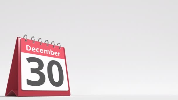 31 декабря дата на странице календаря флип-стола, пустое место для пользовательского текста, 3D анимация — стоковое видео