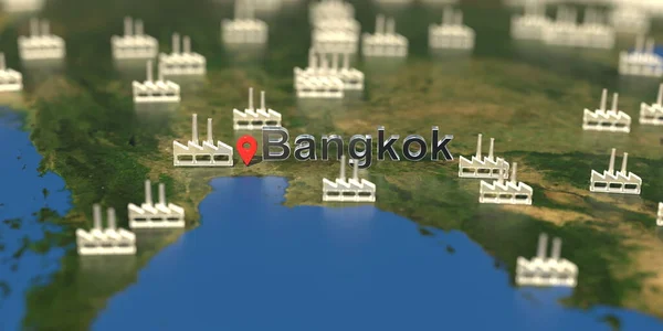 Icone di fabbrica vicino a Bangkok sulla mappa, rendering 3D relativo alla produzione industriale — Foto Stock