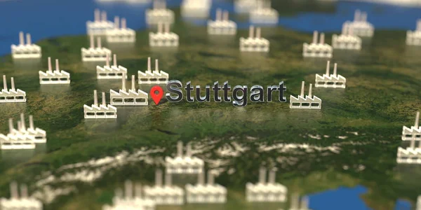 Factory icons near Stuttgart city on the map, industrial production related 3D rendering — Stock Photo, Image