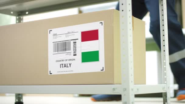 Caja con mercancías de Italia en un almacén — Vídeos de Stock