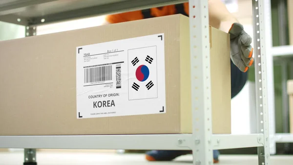 Il dipendente di stoccaggio porta via un cartone con merci dalla Corea — Foto Stock