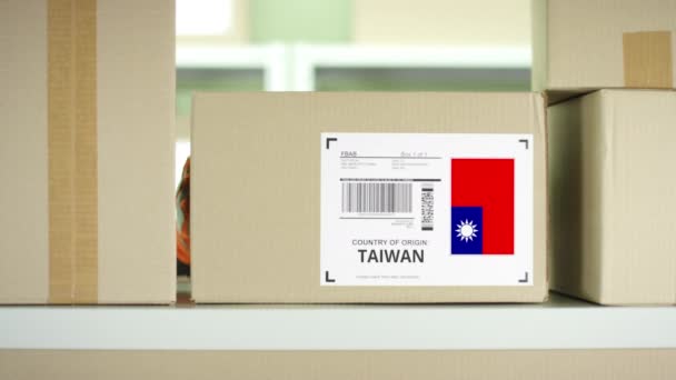 Parcel from Taiwan in a postal service storage — Stock Video