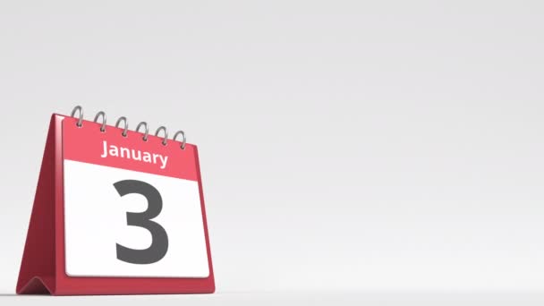 4 января дата на странице календаря флип-стола, пустое место для пользовательского текста, 3D анимация — стоковое видео