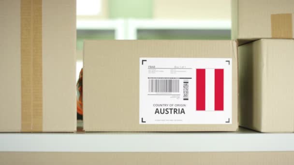 Pakket uit Oostenrijk in een postopslag — Stockvideo