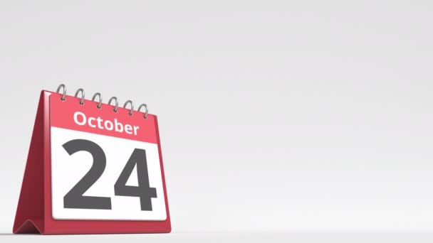25 de octubre fecha en la página del calendario del flip desk, espacio en blanco para el texto del usuario, animación 3d — Vídeo de stock