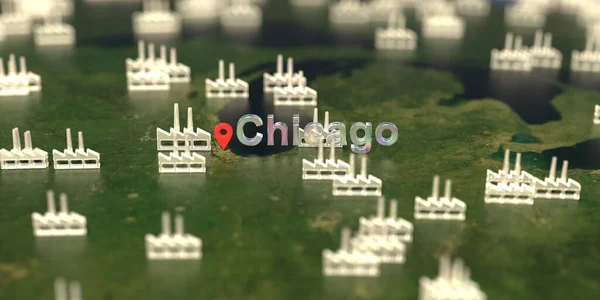 Chicago et icônes d'usine sur la carte, rendu 3D lié à la production industrielle — Photo