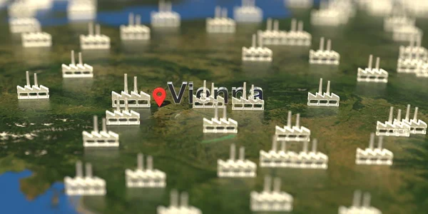 地图上靠近维也纳市的工厂图标，工业生产相关3D渲染 — 图库照片