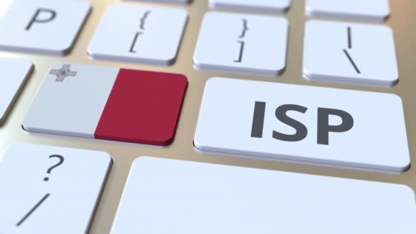 ISP o Internet Service Provider texto y la bandera de Malta en el teclado del ordenador. Servicio nacional de acceso web relacionado con la animación 3D — Vídeo de stock