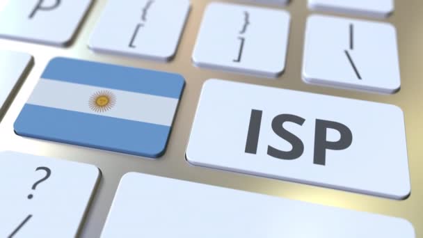 ISP lub Internet Service Provider tekst i flaga Argentyny na klawiaturze komputera. Animacja 3D związana z krajowymi usługami dostępu do sieci — Wideo stockowe