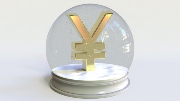 Стеклянный снежок с символом иены внутри. Трехмерная анимация — стоковое видео
