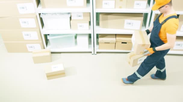 Neglectful warehouse worker drops a damaged parcel on the storage floor — Stock Video