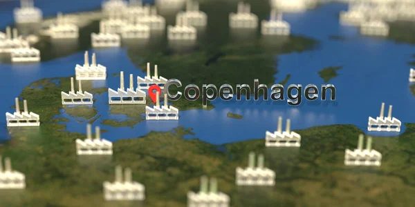 Factory icons near Copenhagen city on the map, industrial production related 3D rendering — Stock Photo, Image