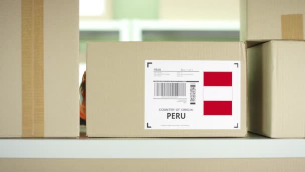 Kartonnen pakket uit Peru in een postopslag — Stockvideo