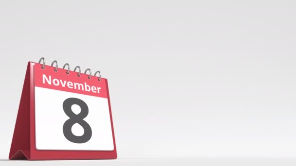 9 ноября дата на странице календаря флип-стола, пустое место для пользовательского текста, 3D анимация — стоковое видео