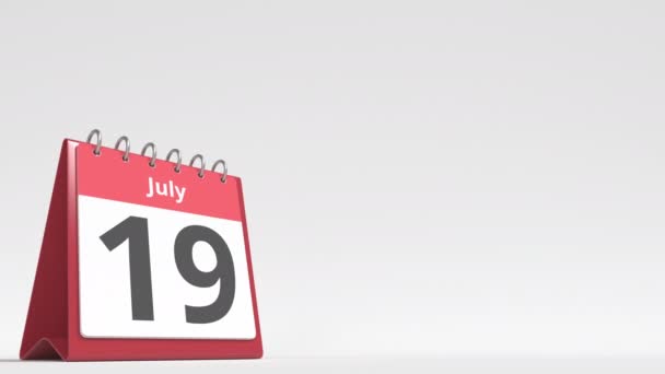 20 juli datum op de flip desk kalender pagina, lege ruimte voor gebruikerstekst, 3d animatie — Stockvideo