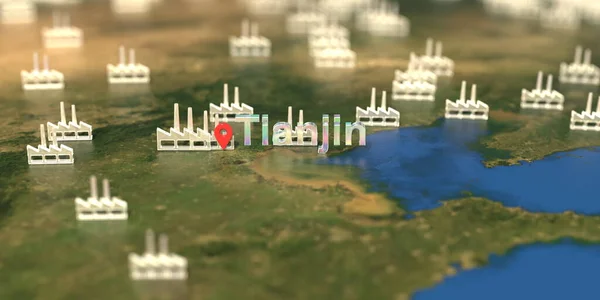 Icônes d'usine près de la ville de Tianjin sur la carte, rendu 3D lié à la production industrielle — Photo