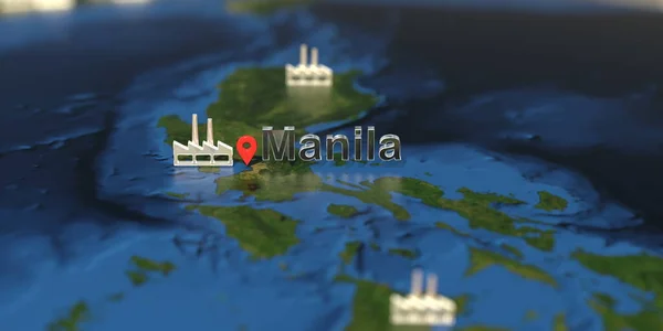 Icone della città e della fabbrica di Manila sulla mappa, rendering 3D relativo alla produzione industriale — Foto Stock