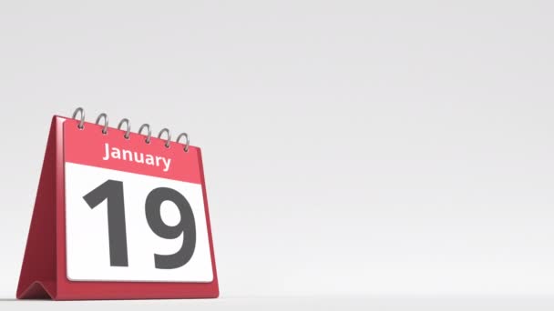 Дата 20 января на странице календаря флип-стола, пустое место для пользовательского текста, 3D анимация — стоковое видео