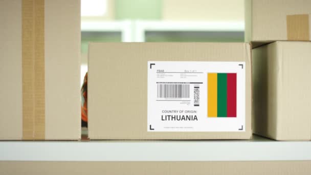 Een doos uit Litouwen op de plank — Stockvideo