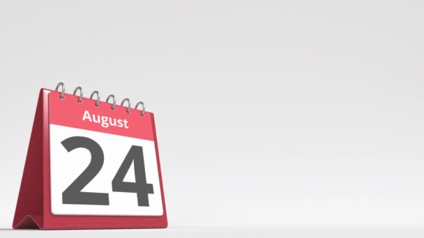 25 de agosto fecha en la página del calendario del flip desk, espacio en blanco para el texto del usuario, animación 3d — Vídeo de stock