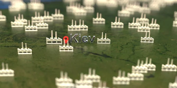 Icônes de la ville et de l'usine de Kiev sur la carte, rendu 3D lié à la production industrielle — Photo