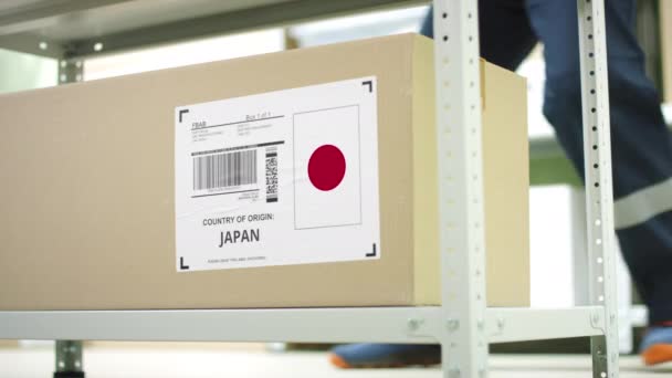 Travailleur enlève un carton avec des marchandises du Japon sur l'étagère — Video