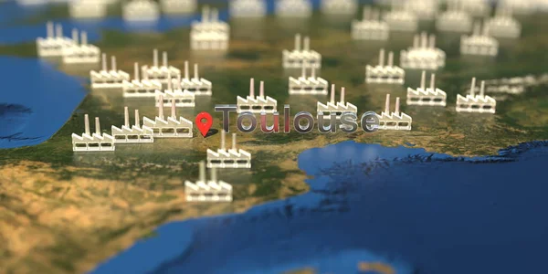툴루즈 시와 공장 아이콘 지도에 산업 생산 관련 3D 렌더링 — 스톡 사진