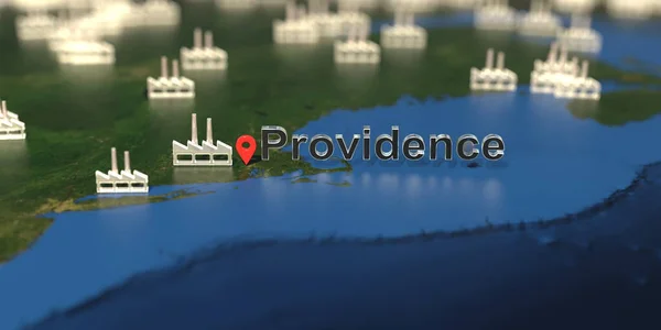 Providence város és gyári ikonok a térképen, ipari termelés kapcsolódó 3D renderelés — Stock Fotó