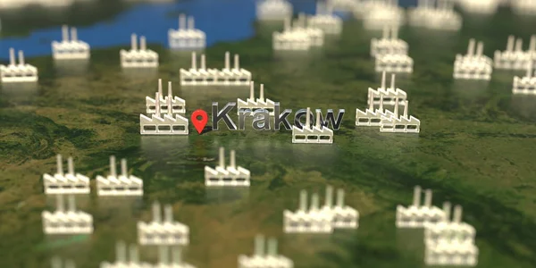 Фабричні ікони біля міста Кракова на карті, промислове виробництво пов'язане з 3D рендерингом — стокове фото