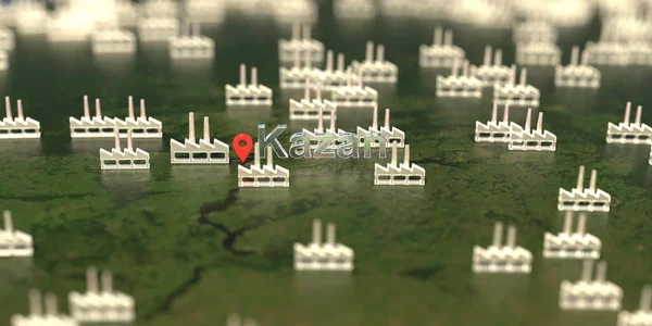 Ícones de fábrica perto da cidade de Kazan no mapa, produção industrial relacionada com a renderização 3D — Fotografia de Stock