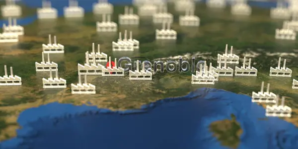 Grenoble City and factory icons on the map, industrial production related 3D rendering — 图库照片