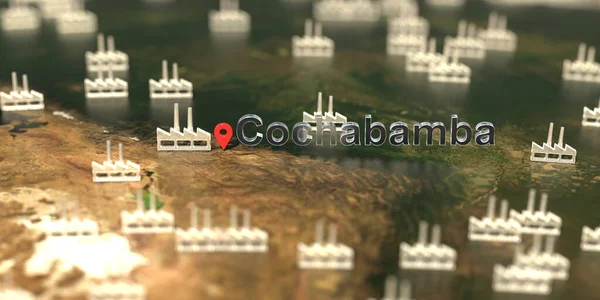 Fabriek iconen in de buurt van Cochabamba stad op de kaart, industriële productie gerelateerde 3D rendering — Stockfoto