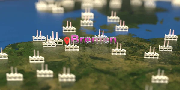 Stads- en fabriekspictogrammen van Bremen op de kaart, industriële productie gerelateerde 3D rendering — Stockfoto