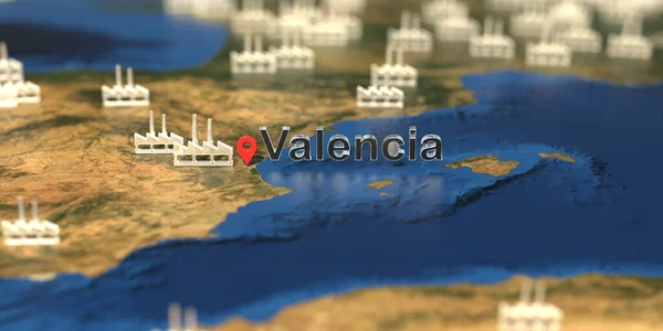 Valencia stad och fabrik ikoner på kartan, industriell produktion relaterade 3D-rendering — Stockfoto