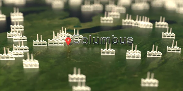 Iconos de ciudad y fábrica de Columbus en el mapa, renderizado 3D relacionado con la producción industrial —  Fotos de Stock