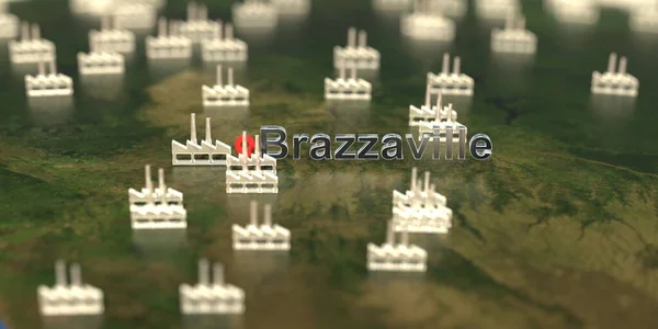 Icone di fabbrica vicino alla città di Brazzaville sulla mappa, rendering 3D relativo alla produzione industriale — Foto Stock