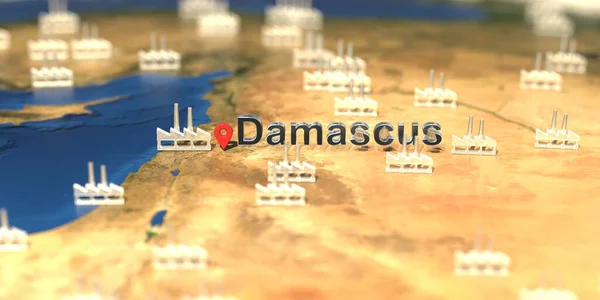 Fabryczne ikony niedaleko miasta Damaszek na mapie, związane z produkcją przemysłową renderowanie 3D — Zdjęcie stockowe