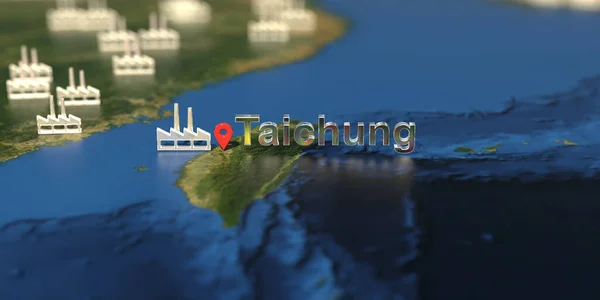 Taichung πόλη και το εργοστάσιο εικονίδια στο χάρτη, βιομηχανική παραγωγή που σχετίζονται με 3D απόδοση — Φωτογραφία Αρχείου