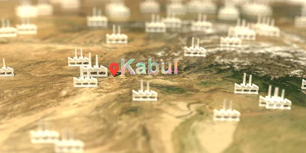Фабричні ікони біля міста Кабула на карті, промислове виробництво пов'язане з 3D рендерингом — стокове фото