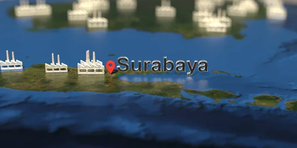 Factory icons near Surabaya city on the map, industrial production related 3D rendering — Stock Photo, Image